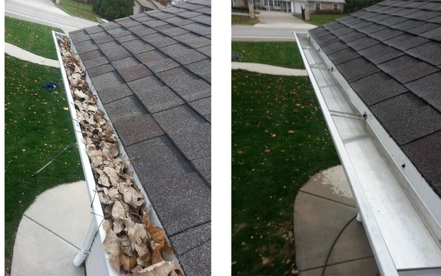 Service example: supplied comparison showing leaves in a gutter and a cleared gutter